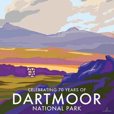 Colourful Dartmoor print with text 'Celebrating 70 years of Dartmoor National Park