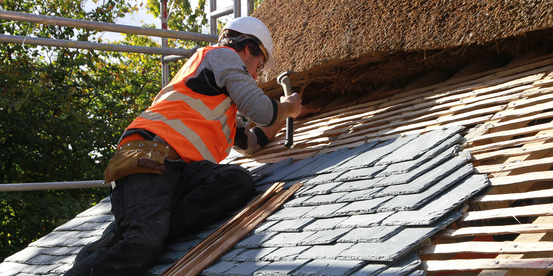 Tiling outer roof at Higher Uppacott