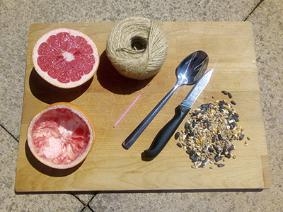 Halved grapefruit, twine, plastic needle, spoon, knife and birdseed on a chopping board