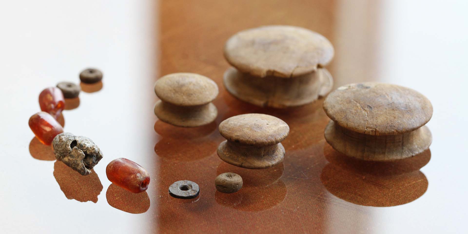 Amber and shale beads and wooden plugs