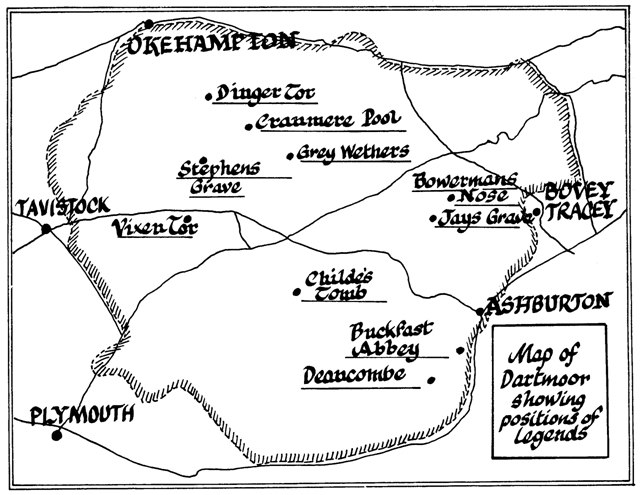 Map of Dartmoor showing locations of the legends