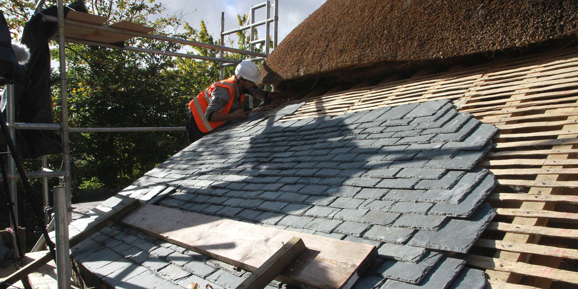 Tiling outer roof at Higher Uppacott