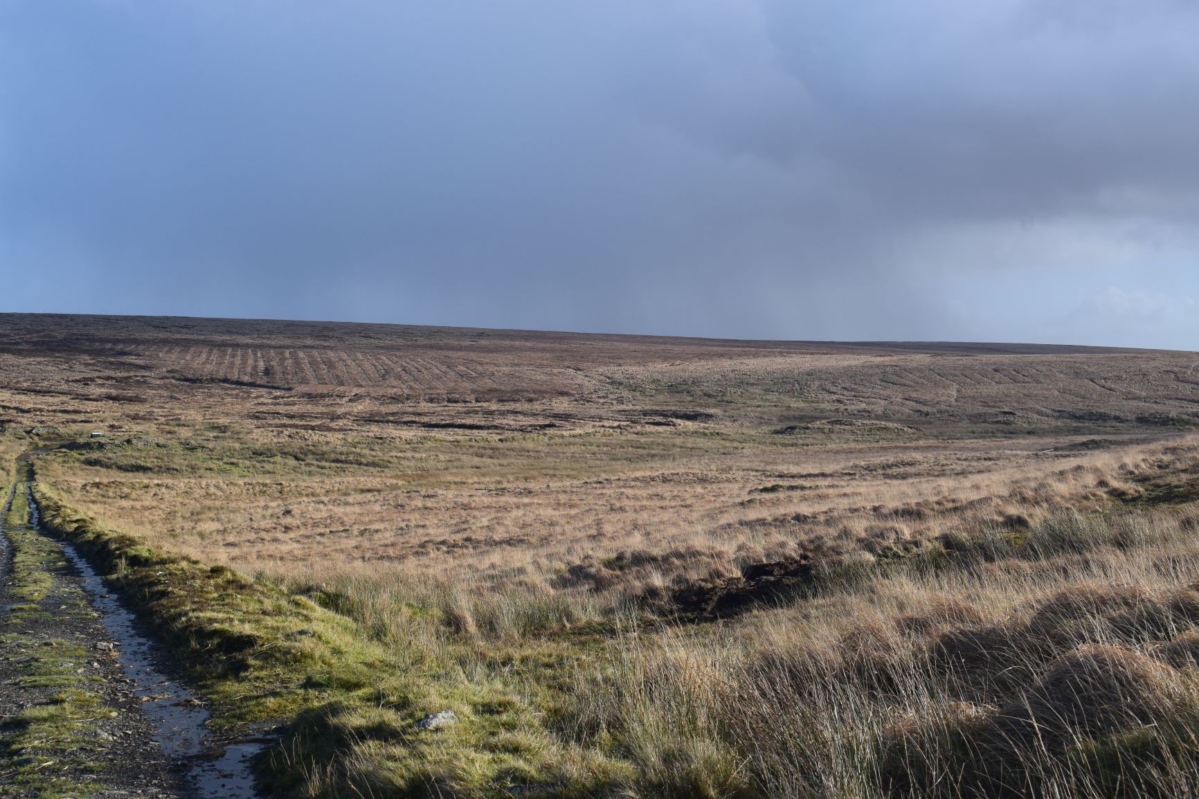 Drainage ditches from peat works seen from the Rattlebrook track