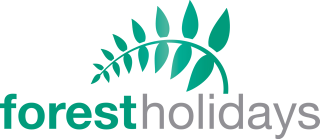 Forest holidays logo. branch curled over with leaves along, underneath is the text forest holidays