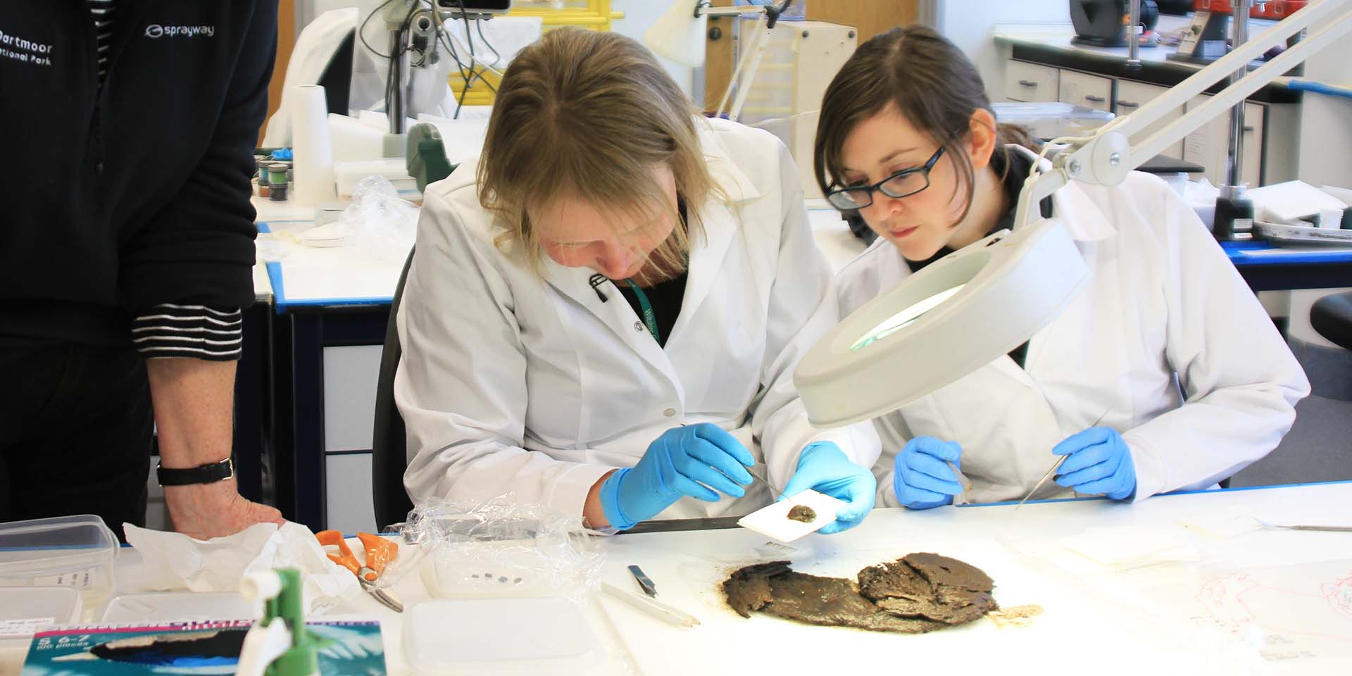 Scientists in laboratory examining artefact