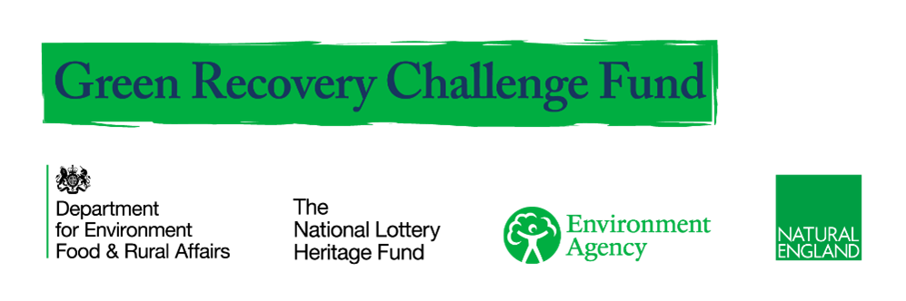 Green Recovery Challenge Fund with logos for Department for Environment, Food and Rural Affairs, The National Lottery Heritage Fund, Environment Agency, and Natural England