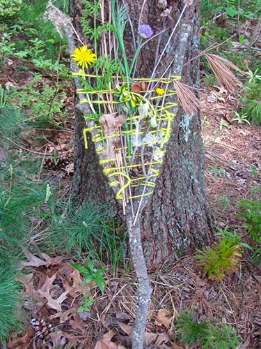 Y' shaped stick wrapped in coloured string and decorated with flowers and leaves