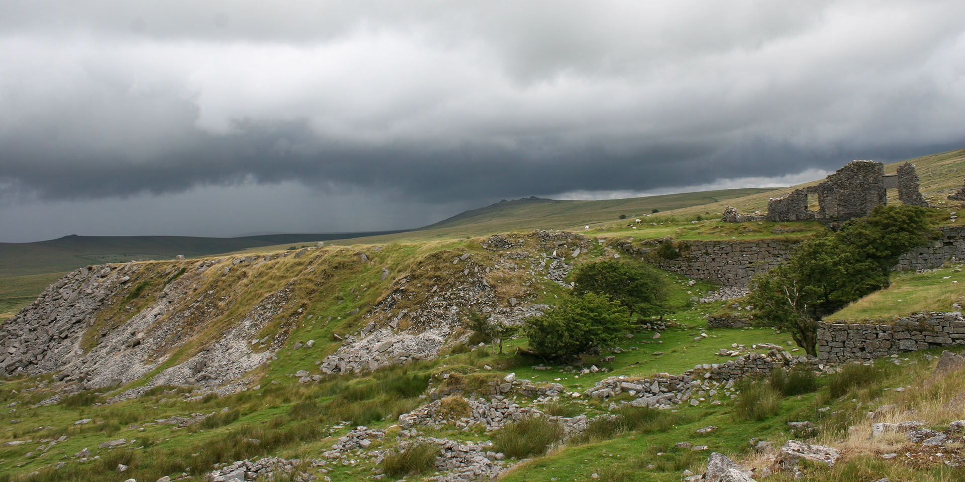 Foggintor Quarry in stormy backdrop