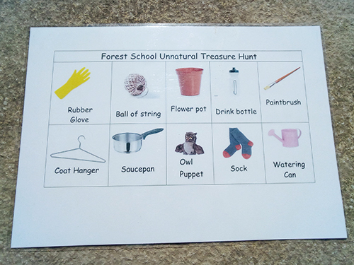 Card showing pictures of every day items included in the unnatural treasure hunt