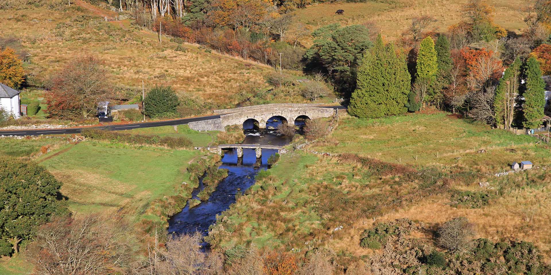 Aerial view of Postbridge clapper bridge