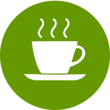 White coffee cup on a plate with steam rising from the top, inside a green circle