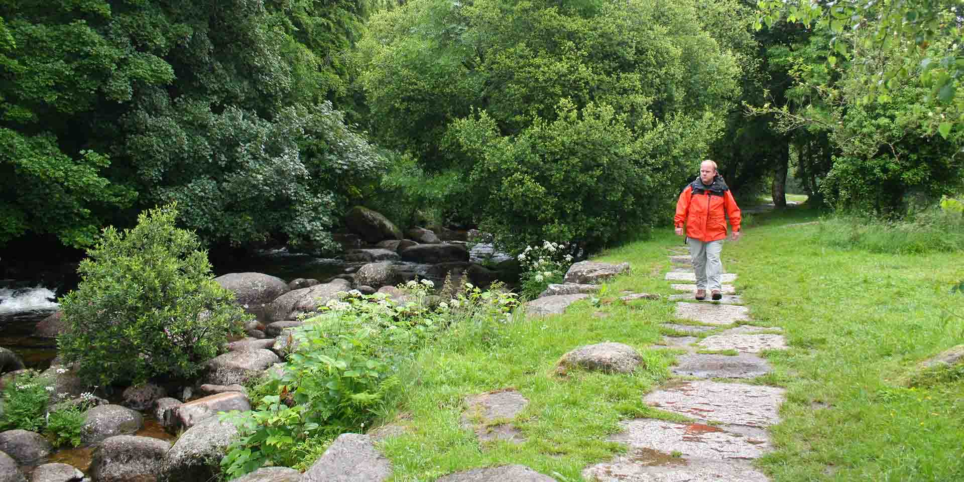 Man walking alongside river at Dartmeet