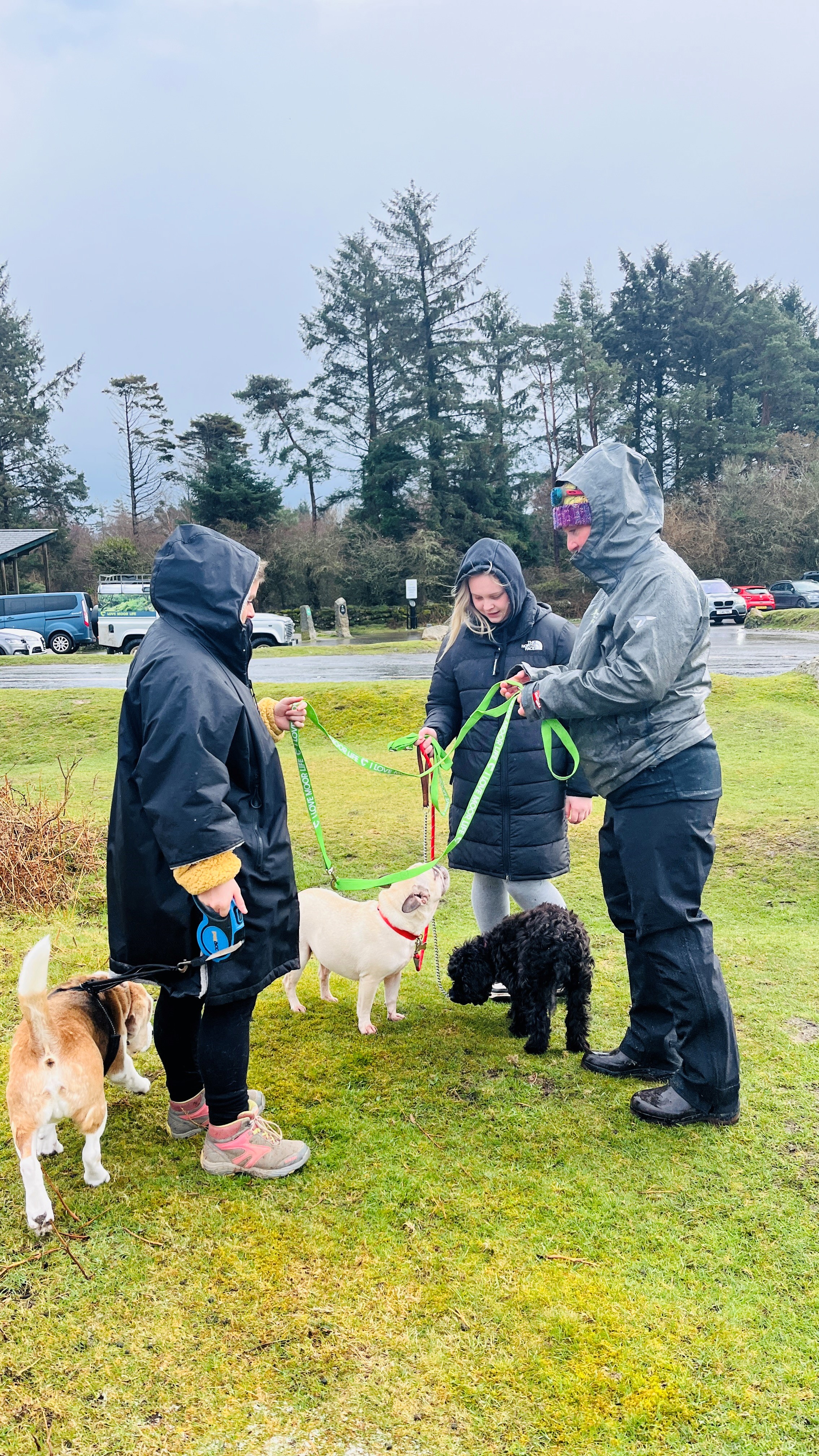 Ranger chatting to two people who have their dogs on leads and giving them two for free. 