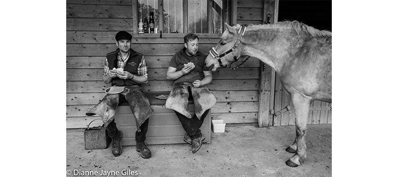 Two farriers having lunch with a horse