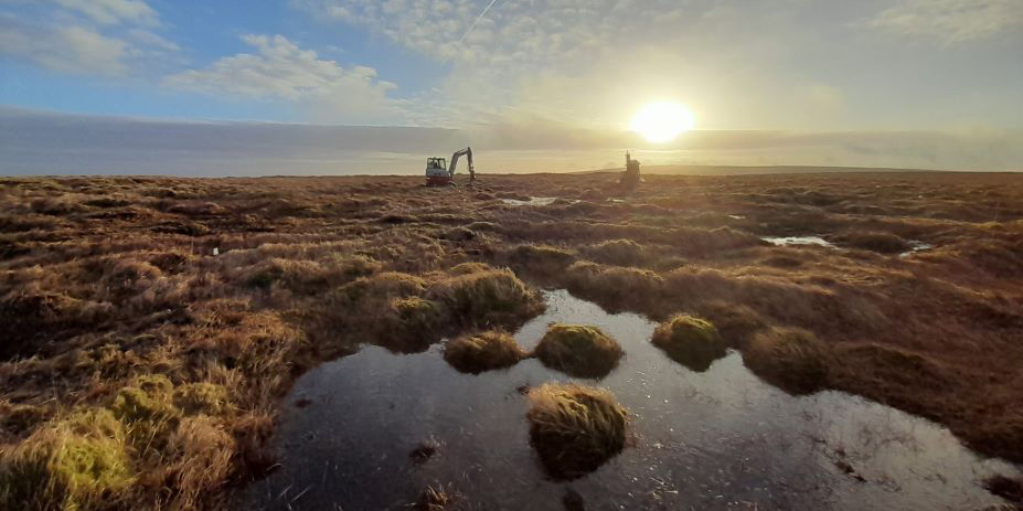 Excavators completing peatland restoration works on sunny day